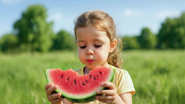 A cheerful young girl with light hair bites into a large slice of watermelon while standing in a green grassy park under a blue sky. Summer food.