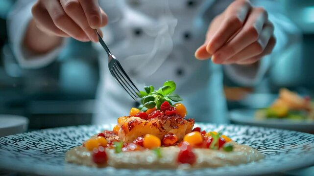 A chef in white uniform uses fork and fingers to artfully plate a gourmet meal with bright vegetables and fresh herbs. Fine dining presentation.