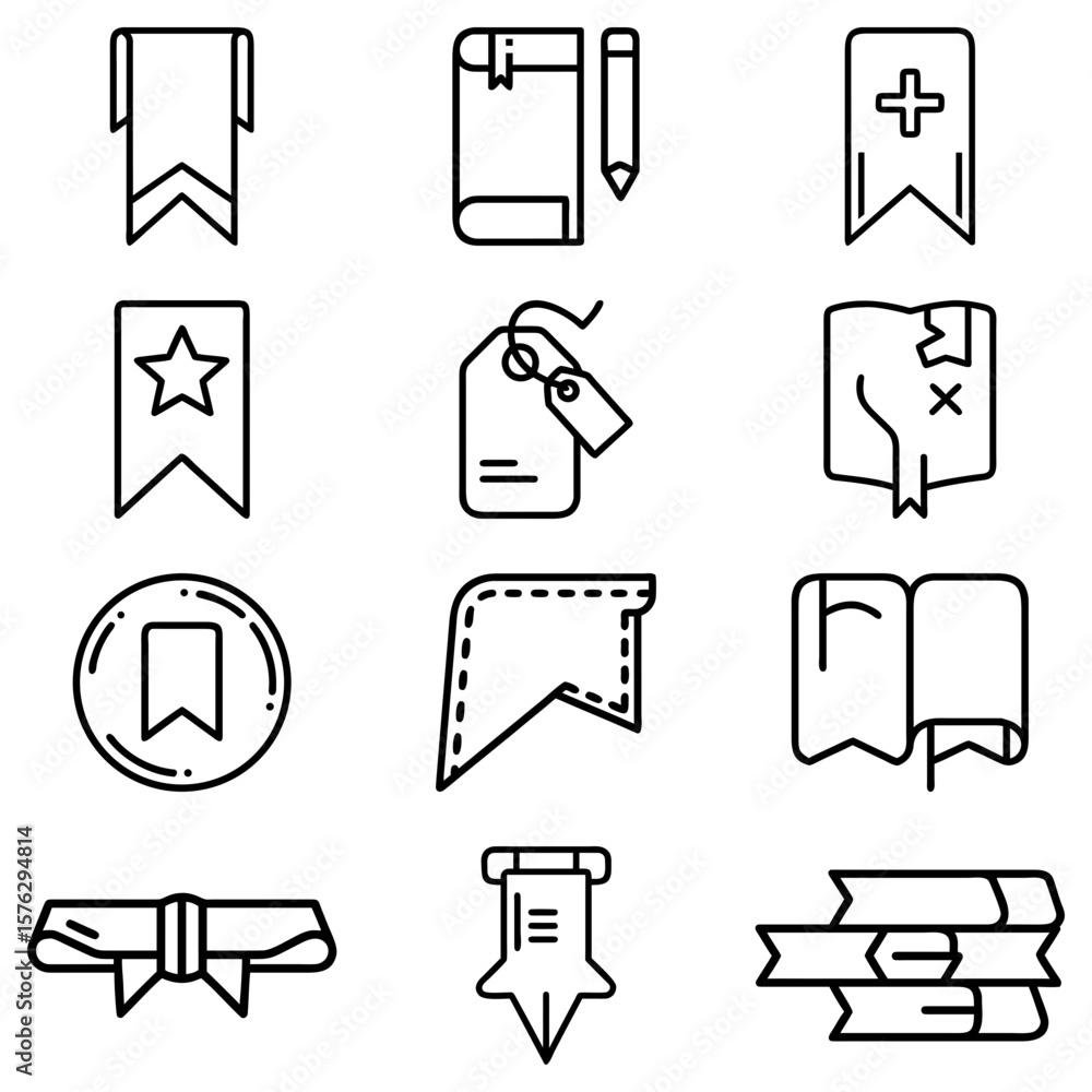 Aufkleber collection of various outline style icons featuring bookmarks tags and book related elements in blac