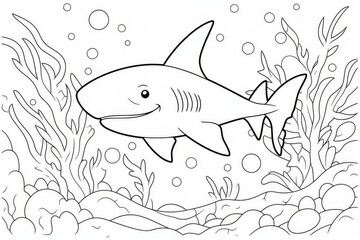 Fototapeta premium Cute baby shark cartoon coloring page bold black outline flat vector coral reef bubbles ocean kids book