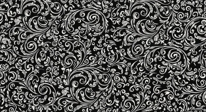 Intricate white floral swirls on a black background a detailed elegant pattern