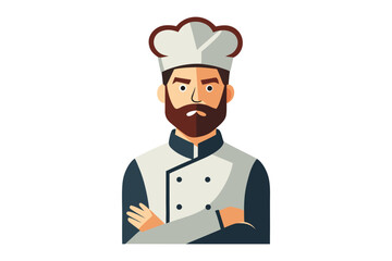 Serious Chef Icon: A stern-faced chef with a beard, wearing a classic chef's uniform, stands with arms crossed, conveying professionalism and culinary expertise.