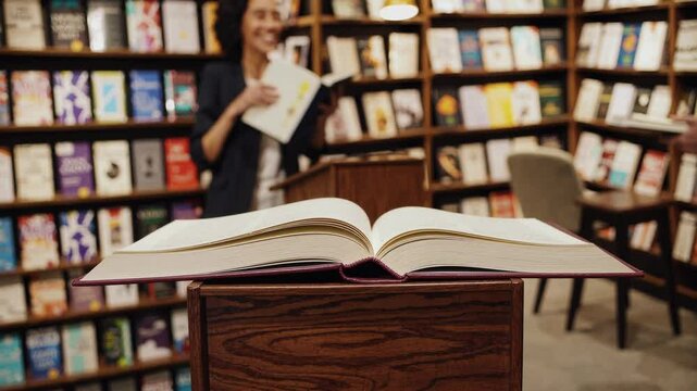 Large open book displayed on a wooden pedestal in a bookstore, with an author in the background giving signed copies to customers during a book presentation