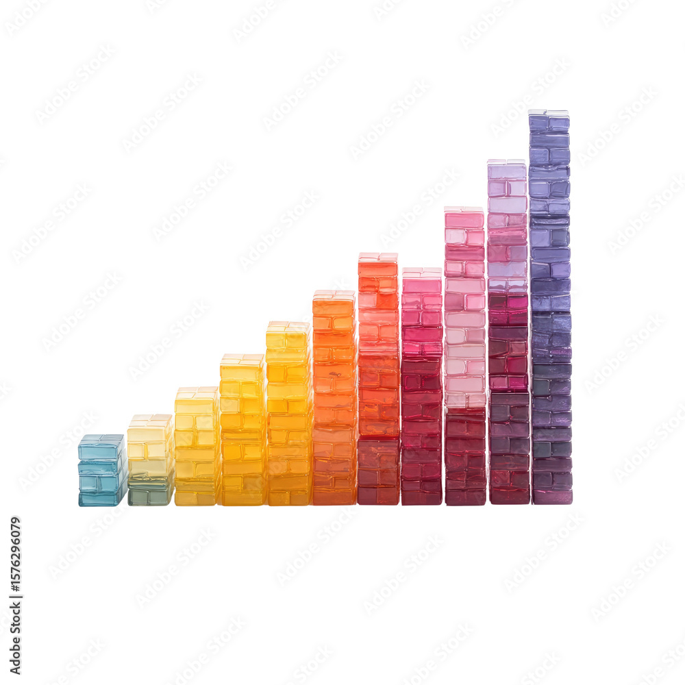 Poster colorful gradient bar chart made of stacked cubes depicting data representation and visualization in