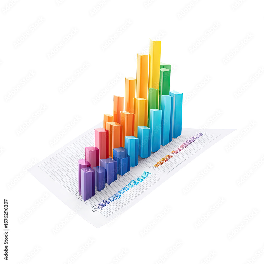 Poster colorful 3d bar graph increasing over sheet with data points and color swatches representing growth 