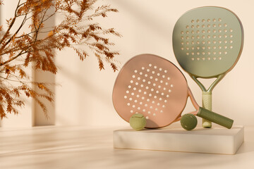 Paddle tennis rackets and balls displayed with autumn decor, highlighting a cozy indoor sports theme. 3d rendering