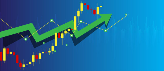 Stylized financial data visualization with bright green upward arrow, candlestick charts, trend lines, and markers on blue gradient background, symbolizing positive stock market growth