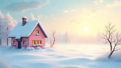 Quaint Pink House in Snowy Winter Landscape – Warm Sunset Glow with Bare Trees and Misty Field under Pale Blue Sky