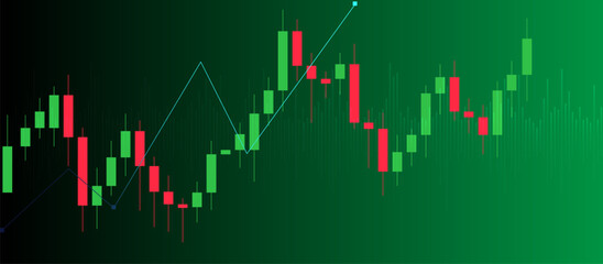 Candlestick chart on dark-green gradient background with light-teal upward trendline and support lines, illustrating bullish market movement, trading analysis, and price action trends