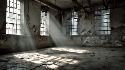 Abandoned industrial building interior with broken windows letting in shafts of light