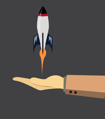 Flat design illustration of stylized rocket launching upward from open hand with flame, symbolizing startup success, innovation, and new beginnings 