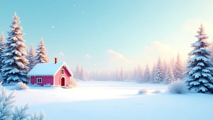 Quaint Pink House in Snowy Winter Landscape – Warm Sunset Glow with Bare Trees and Misty Field under Pale Blue Sky