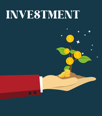 Stylized graphic of hand in red blazer holding money tree with gold coins and green leaves on navy background, with “INVESTMENT” and white sparkles, symbolizing financial growth