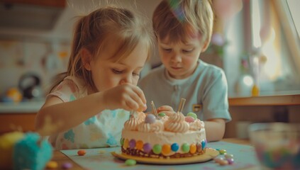Children Decorating Birthday Cake with Colorful Candies in Cozy Kitchen Setting