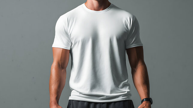 Athletic man wearing a plain white tshirt against a grey background
