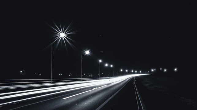 Minimalist Black and White Night Highway - Long Exposure Light Trails, Bright Stars, Wide Angle on Black. - Powered by Adobe