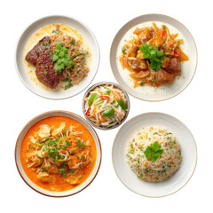 Colorful assortment of delicious Asian dishes featuring meat, vegetables, rice, and fresh herbs arranged beautifully on white plates