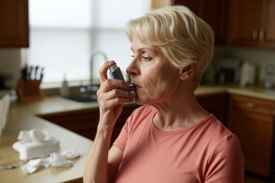 Woman using inhaler in kitchen with tissues on counter and cabinets in the background view