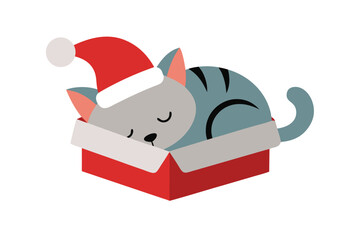 Cozy cat sleeping inside gift box with Santa hat adorable pet vector art illustration