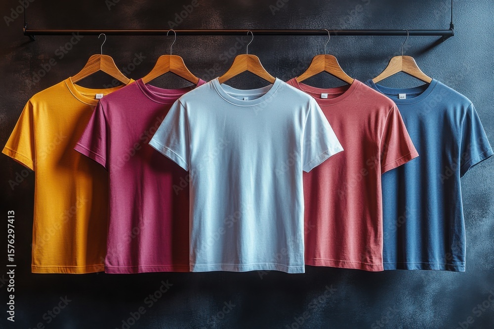 Poster a row of shirts hanging on a rack, each with a different color