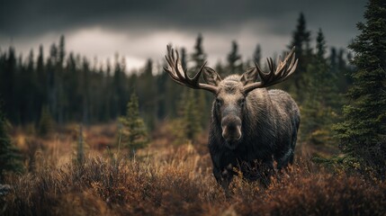 Majestic moose standing by the tranquil lake under a dramatic cloudy sky at dusk