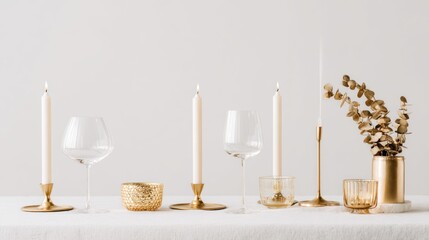 Fototapeta premium Gold and white tableware and candles on a table