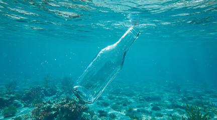 Naklejka premium Clear glass bottle floating in turquoise ocean water over coral reef underwater
