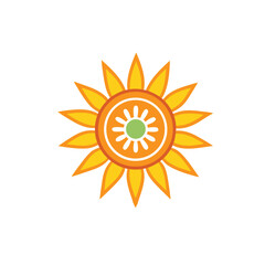 Bright yellow sun icon vector illustration symbolizing warm summer sunlight