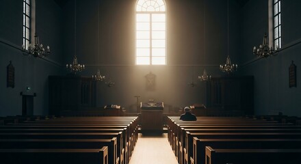 Solemn Interior of a Church with Sunlight Streaming Through a Large Window