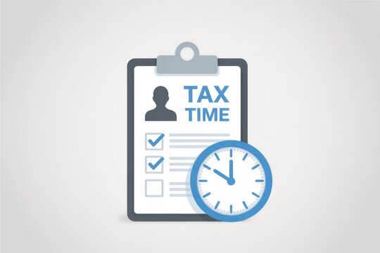Illustration of tax time checklist on clipboard with clock indicating deadline approaching