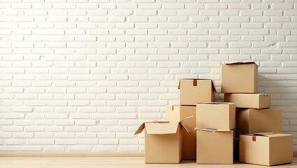 A warm and inviting moving day concept set against a rustic white brick wall