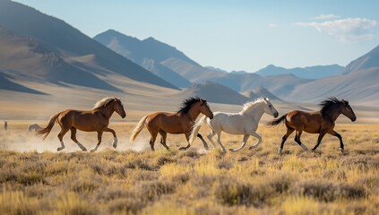 Fototapeta premium Wild Horses Galloping Across a Vast Mountainous Landscape at Sunset
