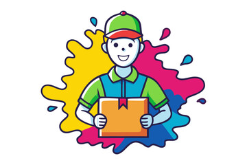 Swift Courier Delivery: A cheerful courier, rendered in vibrant illustration, stands ready with a parcel. surrounded by a colorful splash of ink. It embodies the swift, reliable delivery service