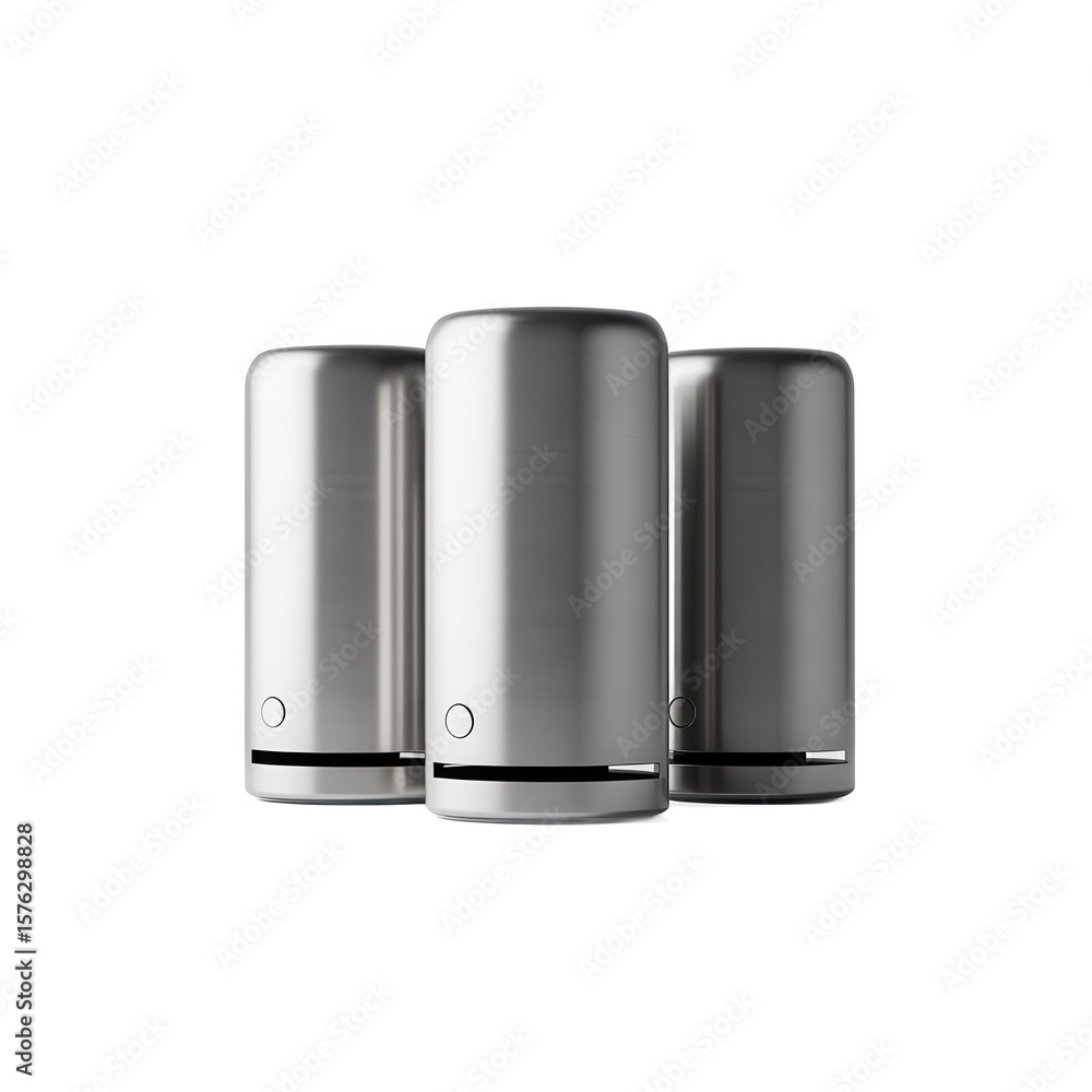 Poster three sleek silver cylindrical objects with rounded tops and a subtle circular detail on the front i