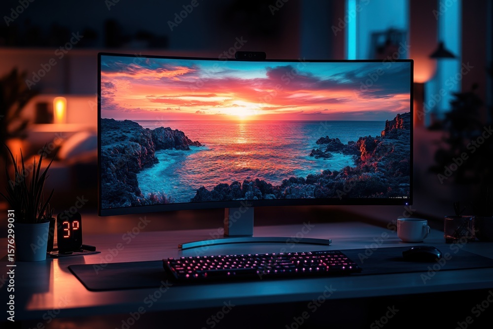 Poster a large monitor is on a desk with a keyboard and mouse