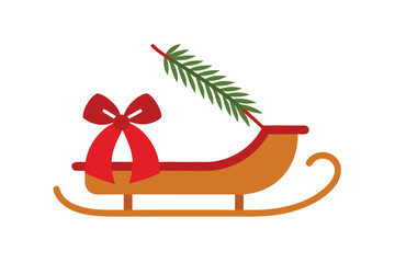 Rustic wooden sled with red bow and pine branch winter fun vector art illustration