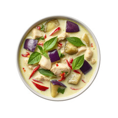 Creamy coconut soup with chicken, eggplant, red chili, and fresh basil in a white bowl on a neutral background