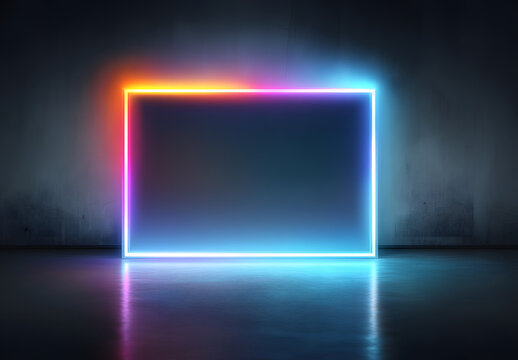 Blue rectangle neon frame, light sign box, outline border with space for text with 6x4scale ratio for web, banner, postcard, inviation,png isolated on transparent background.