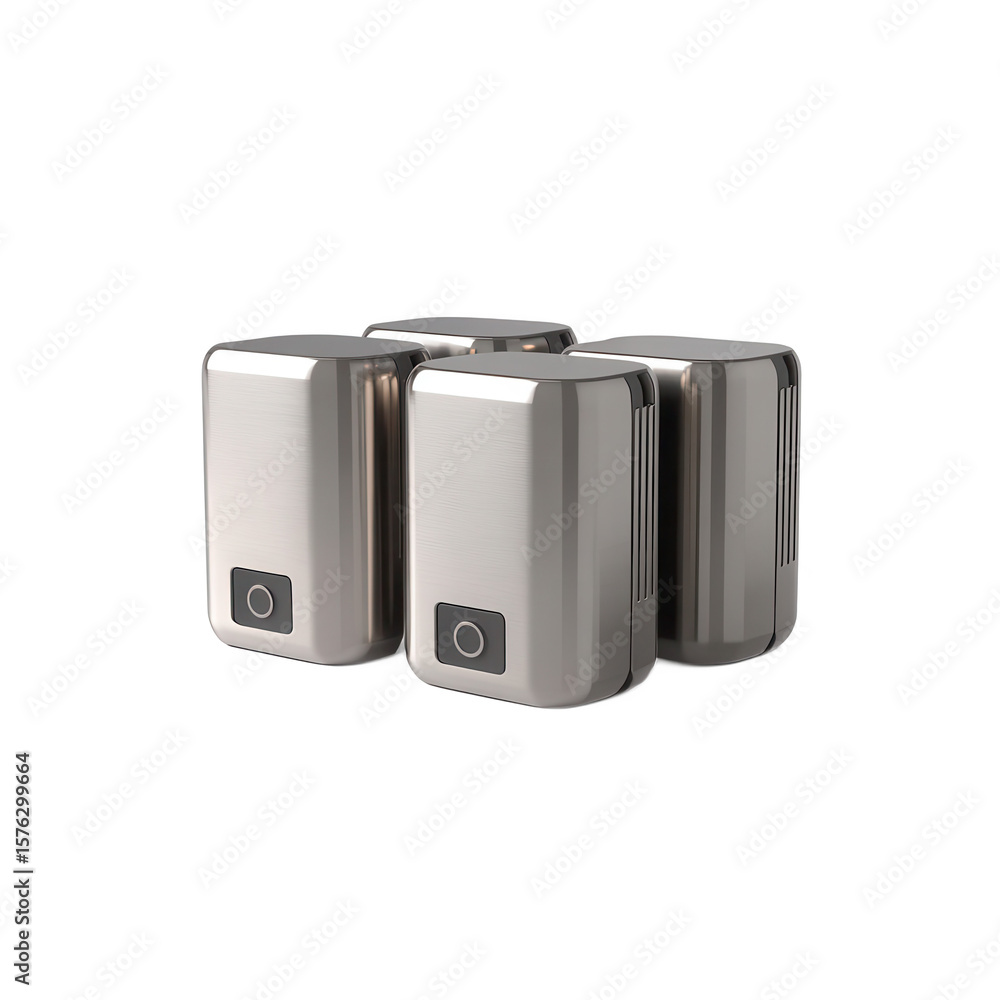 Poster four sleek metallic modern devices with rounded edges and a circular button detail isolated on trans