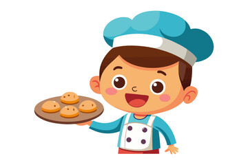 Young Chef with Cookies: A young, cheerful chef presents a tray of freshly baked cookies, radiating the joy of culinary creations and a sweet treat.
