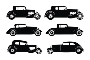 Classic Car Silhouettes: Six vintage automobiles, meticulously crafted in stark black, elegantly showcased against a plain backdrop, epitomizing automotive artistry and timeless appeal.