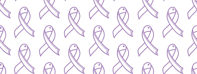 Awareness ribbon and fish symbol seamless pattern in soft purple line art, perfect for charity campaigns, support materials, health awareness designs, religious, and inspirational prints.