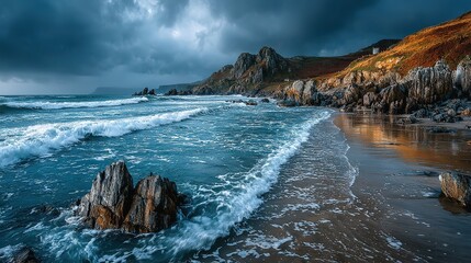 Obraz premium Wide-Angle View of Irish Beach with Large Rocks, Dark Clouds, Soft Light and Low Contrast, Sharp Coastal Serenity.