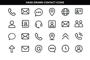 Hand-Drawn Contact Icons &ndash; Sketch Style Phone, Email, Map, Chat, Support Vector Set