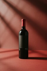 Elegant dark wine bottle with red top and blank label on a red surface with shadow patterns