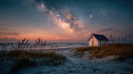 Milky Way Over Australian Dune Beach with Grasses and White Coastal Silhouette Under Intricate Starry Sky.