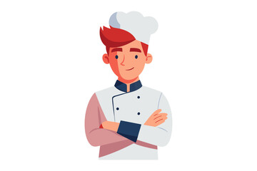 Chef in Uniform: An illustrative depiction of a confident chef, dressed in traditional attire, with arms crossed and a serene expression, ready to create culinary delights.