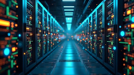 3D render of a data center server room with glowing cables and cyber security overlay icons