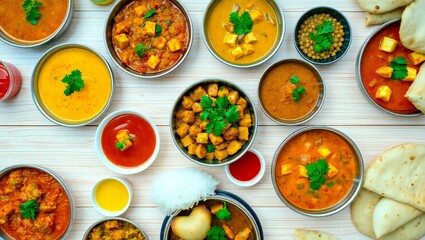 Vibrant indian cuisine assortment featuring curries rice and naan bread