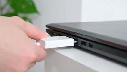 Hand inserting a white adapter into a laptop